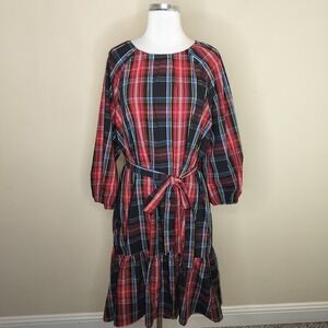 Draper James Plaid Belted Dress Tie Back Pockets Red Multicolor